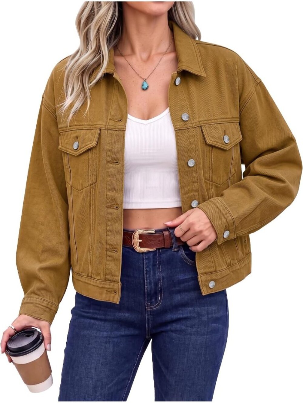 Women’s Brown Long Sleeve Button Down Oversized Casual Denim Jean Jacket